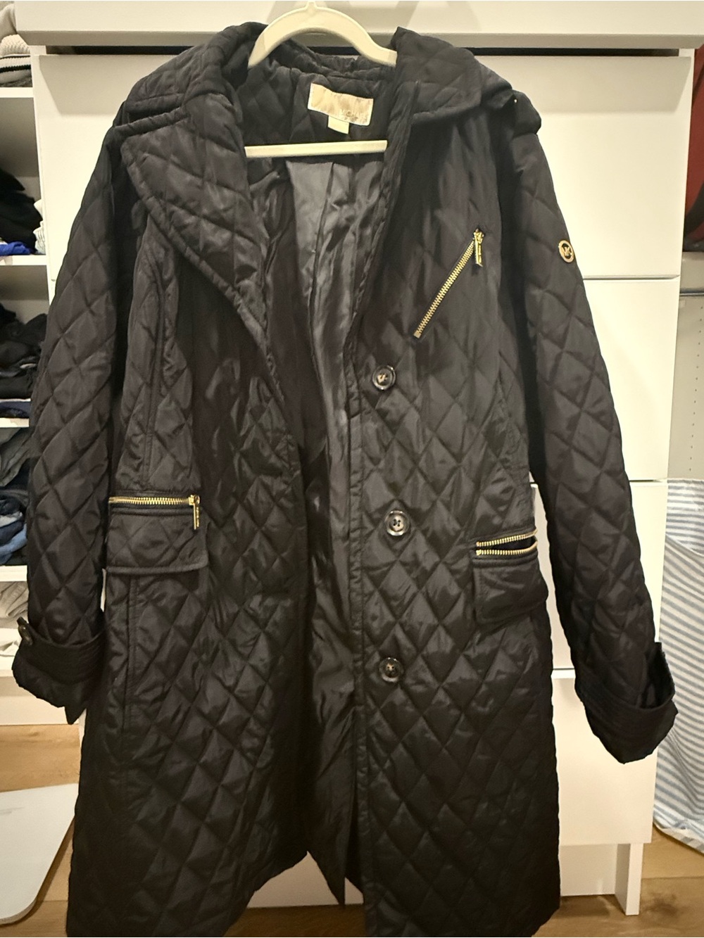 Michael Kors Black Quilted Hooded Puffer Coat with Gold Hardware